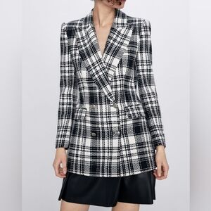 Zara Tweed Check Tailored Double Breasted Blazer Size‎ Small / Mini Dress Coat